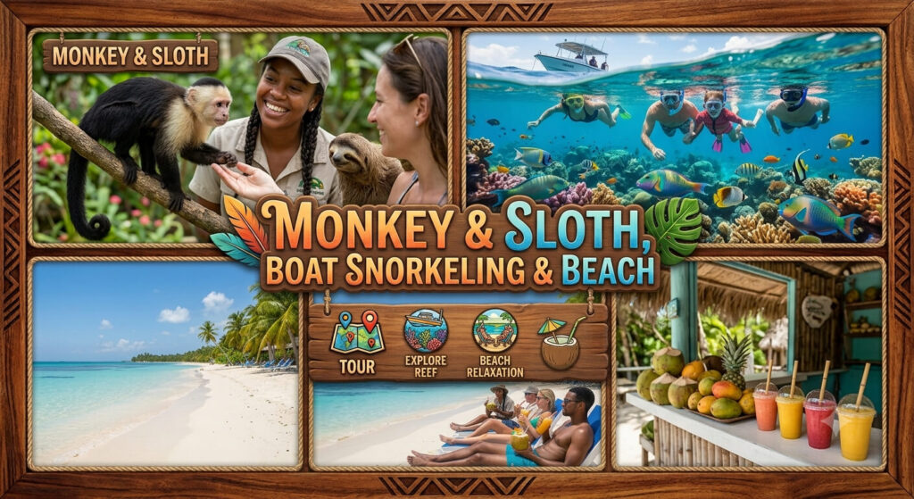 monkey & sloth, boat snorkeling & beach