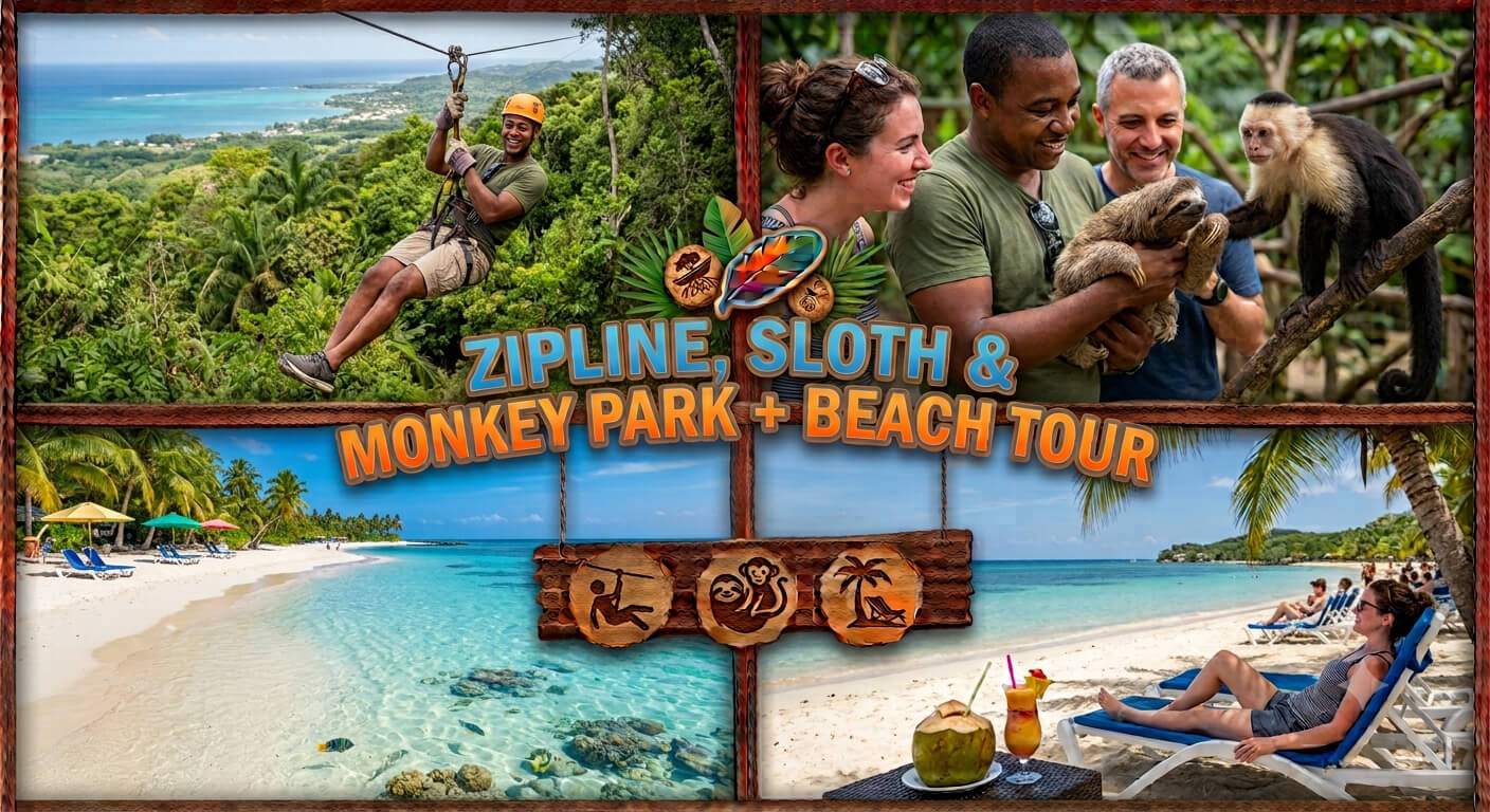 zipline, sloth & monkey park + beach tour